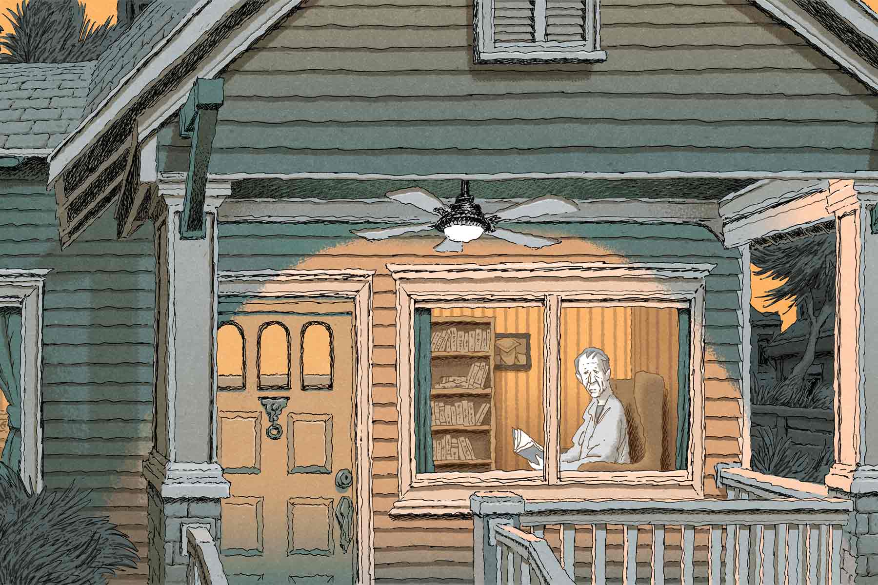 An illustration of a house where a man is looking out the window in the middle of reading a book.