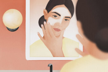 An illustration of woman staring at herself in a mirror, applying cream to her face.