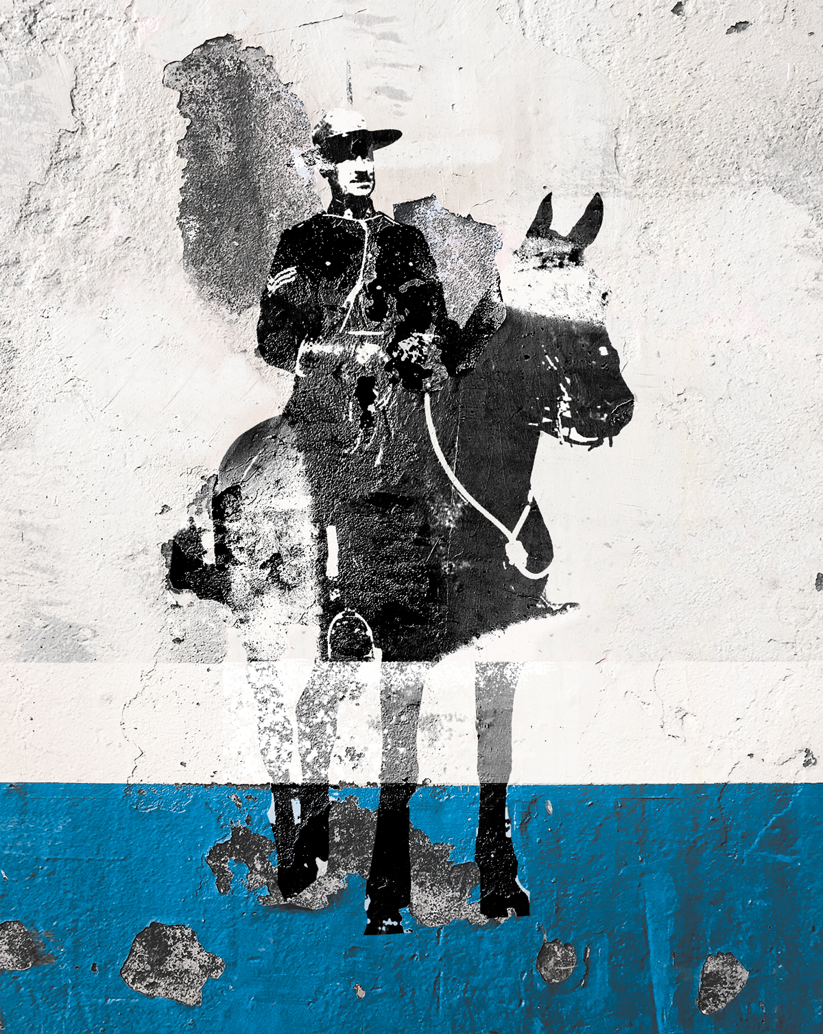 Tattered image of an RCMP police officer on top of a horse. 