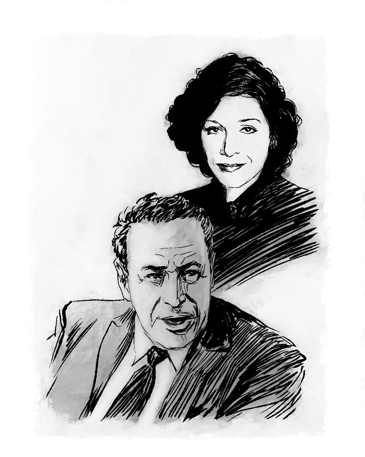 Sketched illustration in black and white of David Frum and his mother, Barbara Frum.