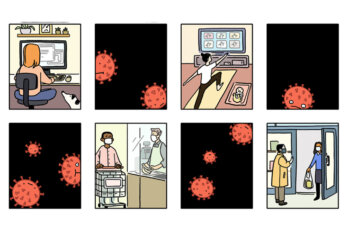 A comic alternating between people engaging in lockdown activities and close-ups of the virus
