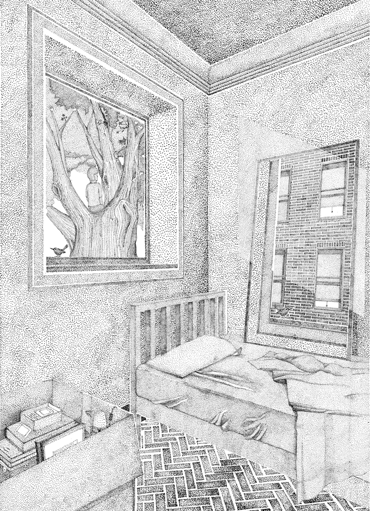 A black and white pointillist illustration of a bedroom's interior. There is a window in each corner; one displays a tree, the other a building.