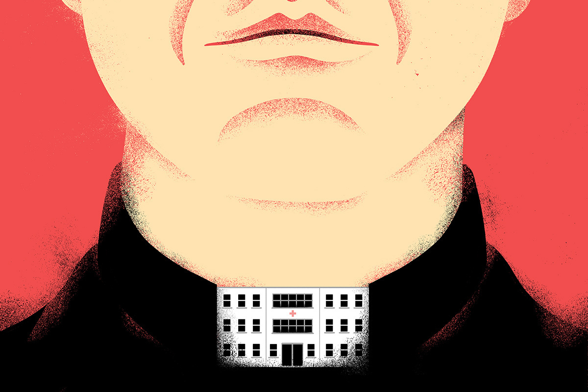 An illustration of Catholic priest with a white clerical collar that looks like a hospital.