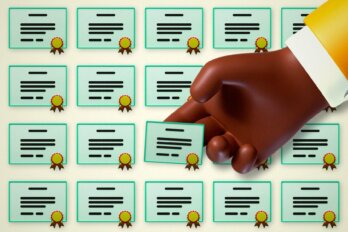 A photo illustration of a 3D-modelled hand arranging a grid of miniature 3D-modelled diplomas.