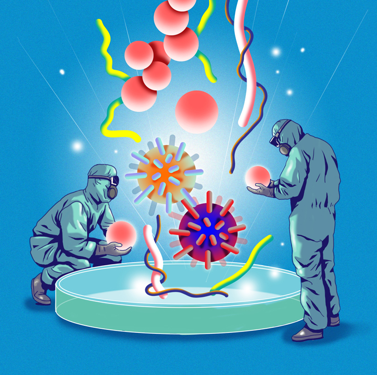 Illustration of scientists examining the virus