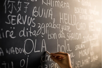 A chalkboard featuring many words in different languages