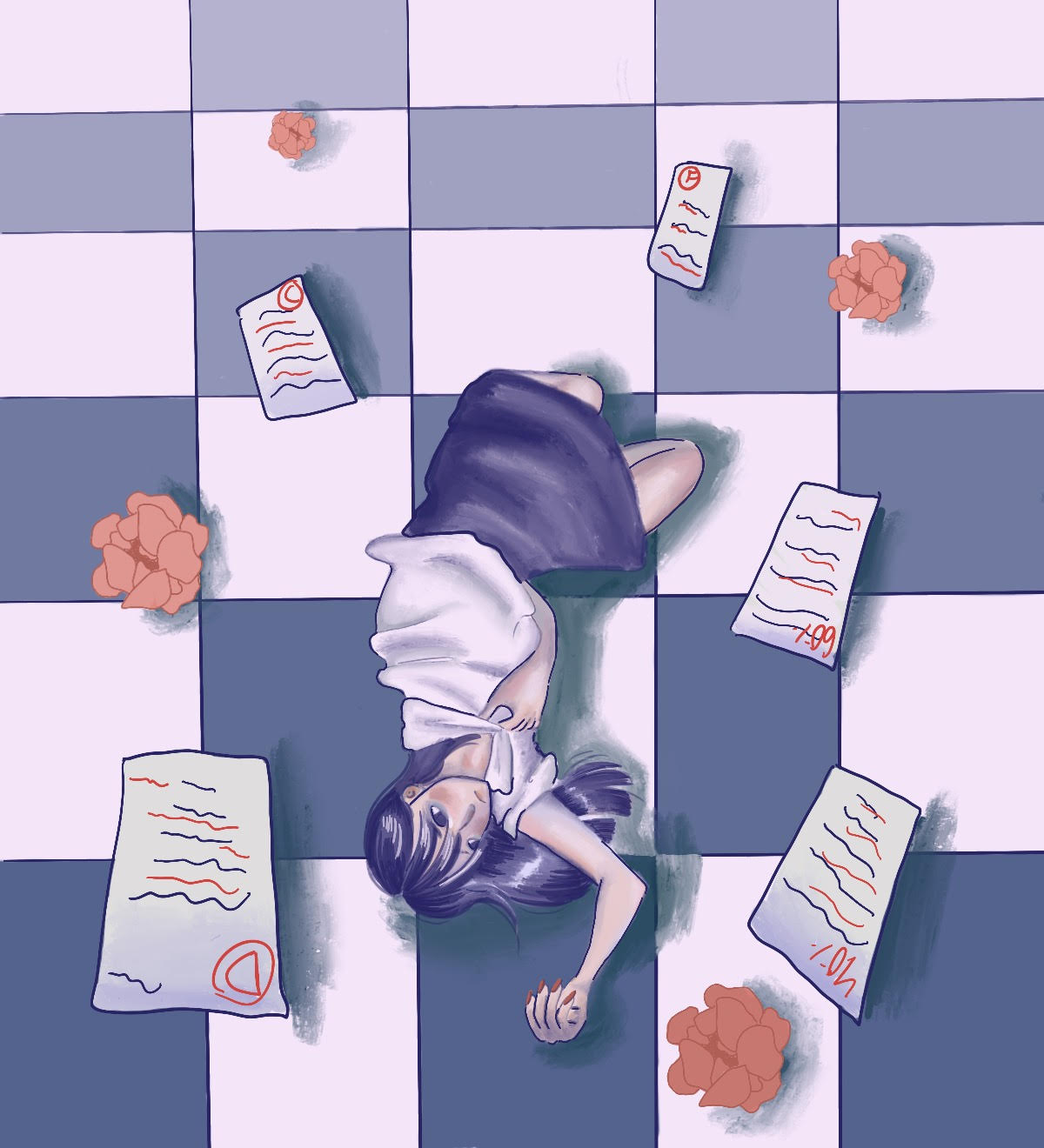 A teenager in a high school uniform lies on the floor, overwhelmed by test papers around her marked with red pen ink.