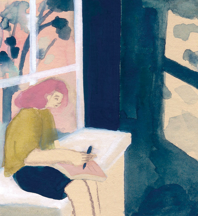 Illustration of a girl with short pink hair writing in a diary. Silhouettes of trees are seen through the windows.