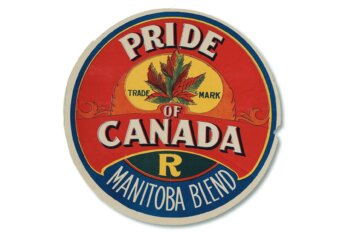 An old-fashioned logo in red, yellow that shows a maple leaf and reads Pride of Canada, Manitoba Blend