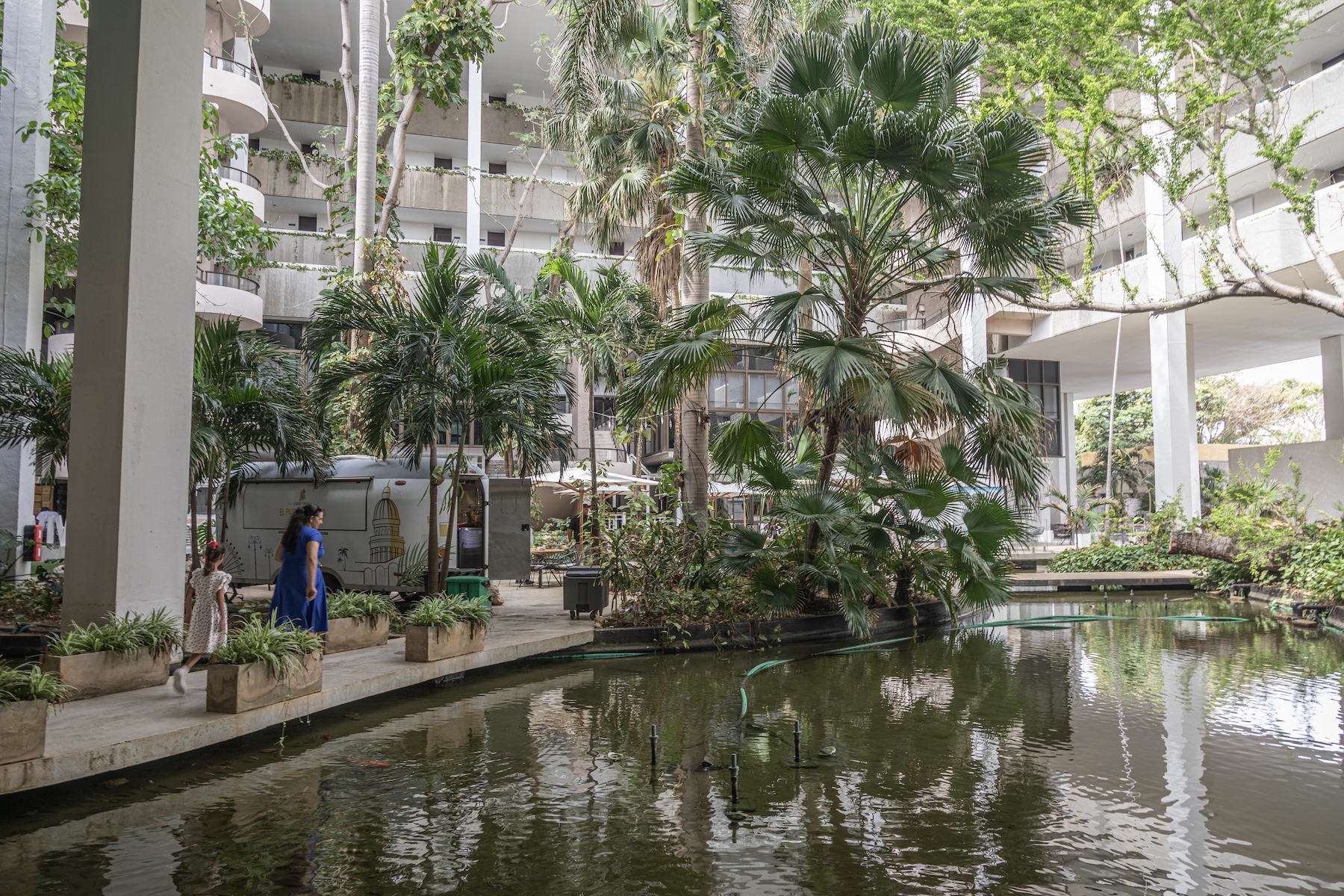 Photo of a pond and green trees inside a white hotel interior.