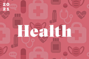 Text reading "2021 Health" over a pink pattern made of pills, masks, and text bubbles