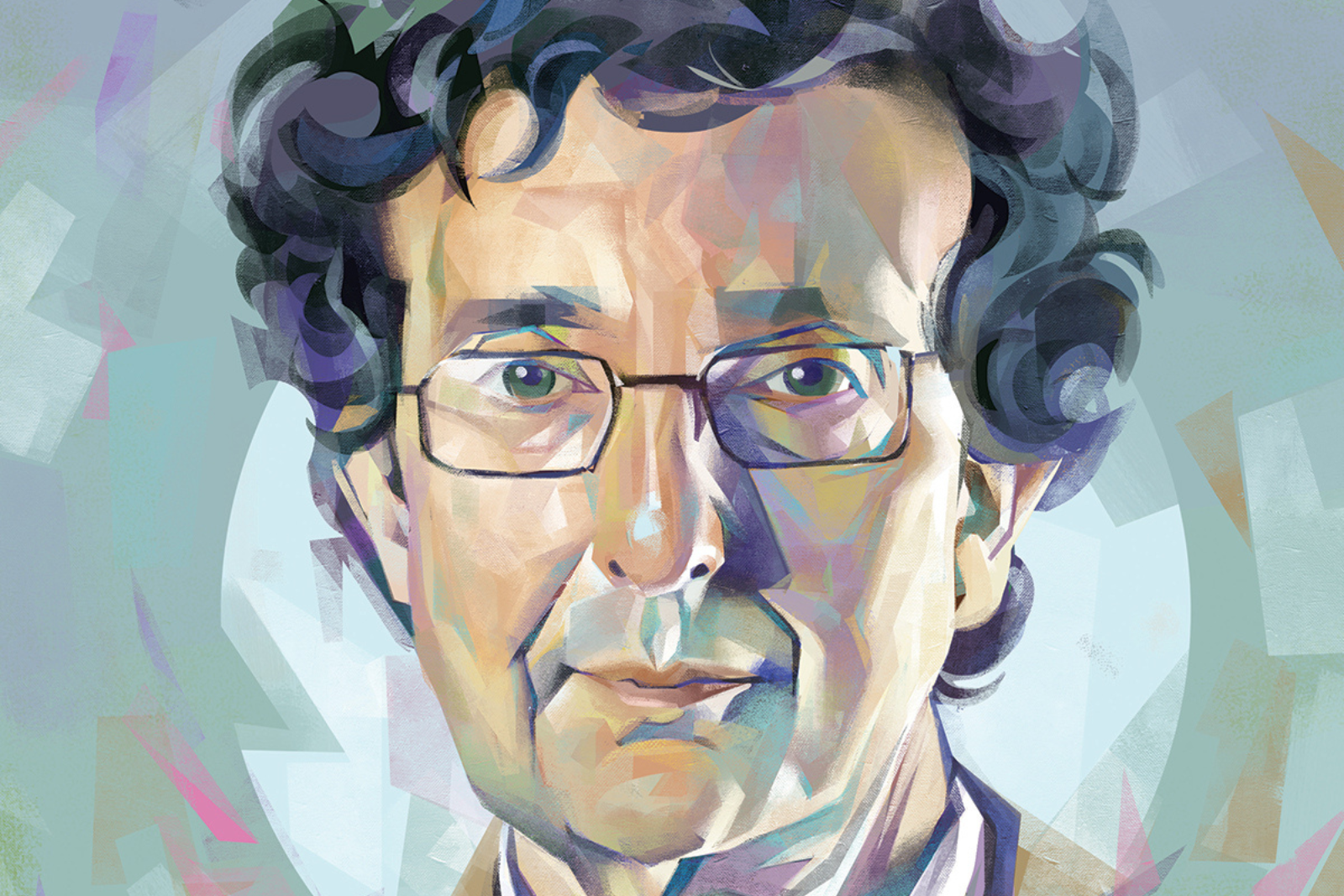 Illustrated portrait of a man with wavy dark hair and glasses.