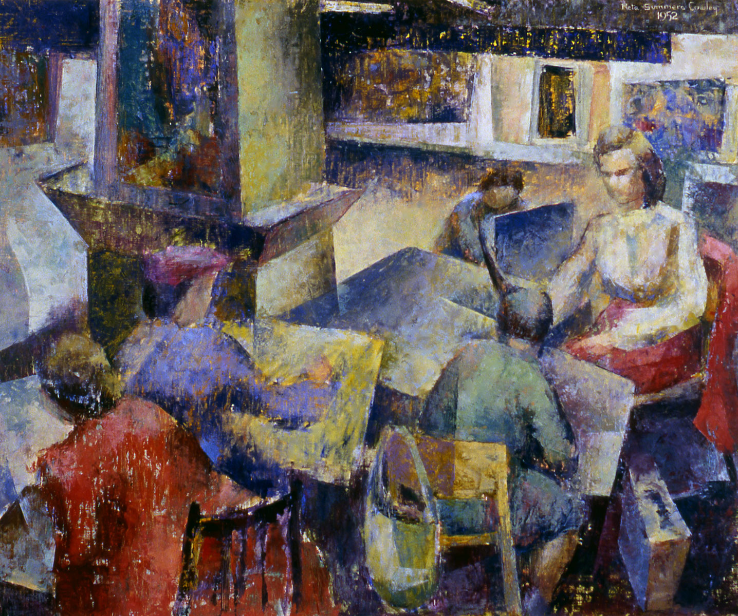 Painting of several female figures sitting and painting in an indoor space. The shapes are blocky and colour worn away in places to reveal contrasting hues.