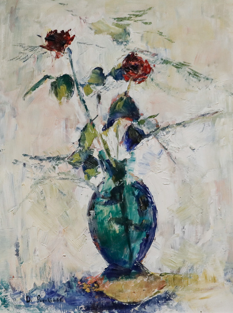 Painting of a blue-green vase holding two tall red roses against an off-white background. Brushstrokes are visible.