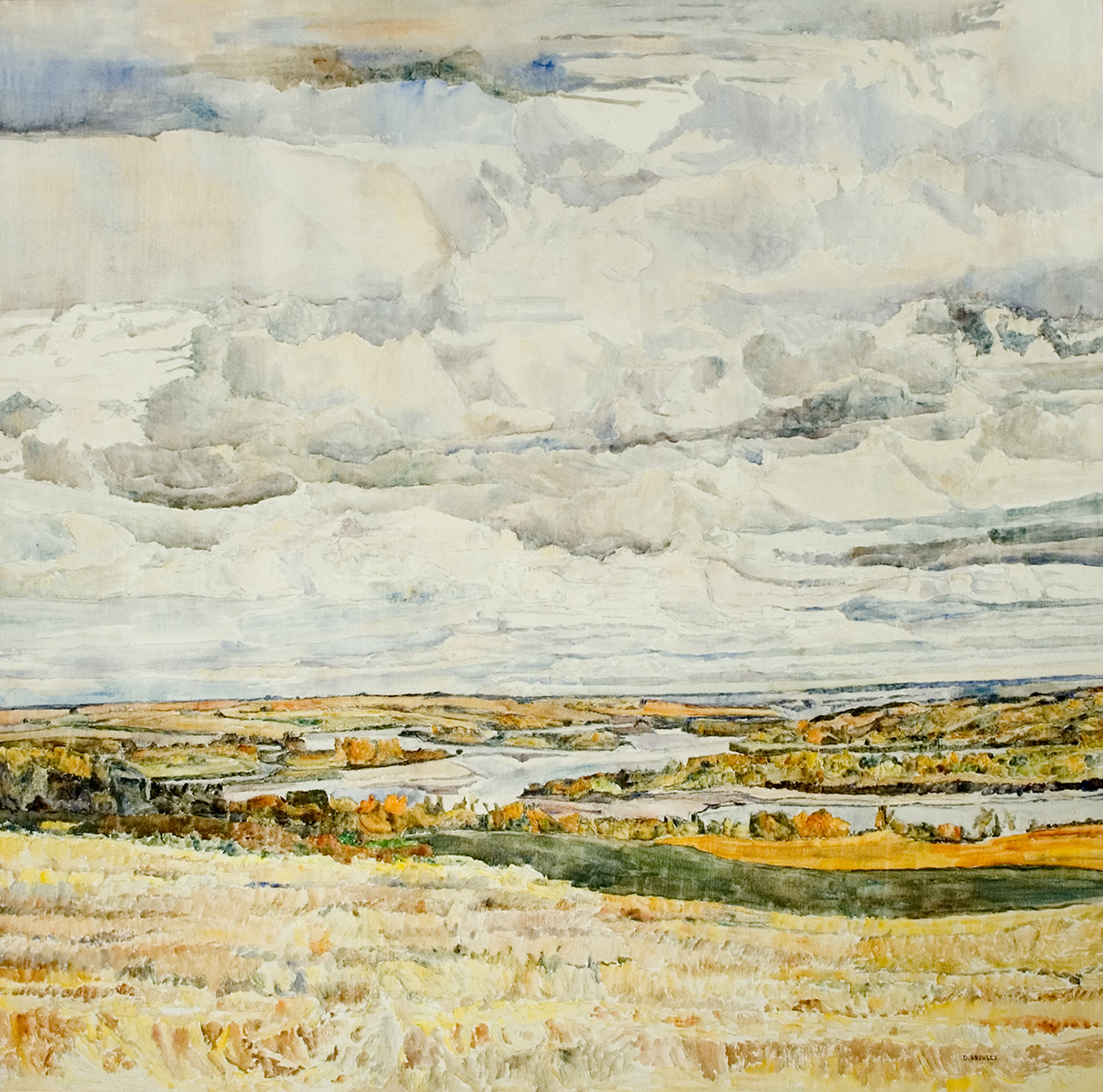 Painting of a prairie landscape. A flat horizon separates big clouds in the sky from yellow and green fields below.