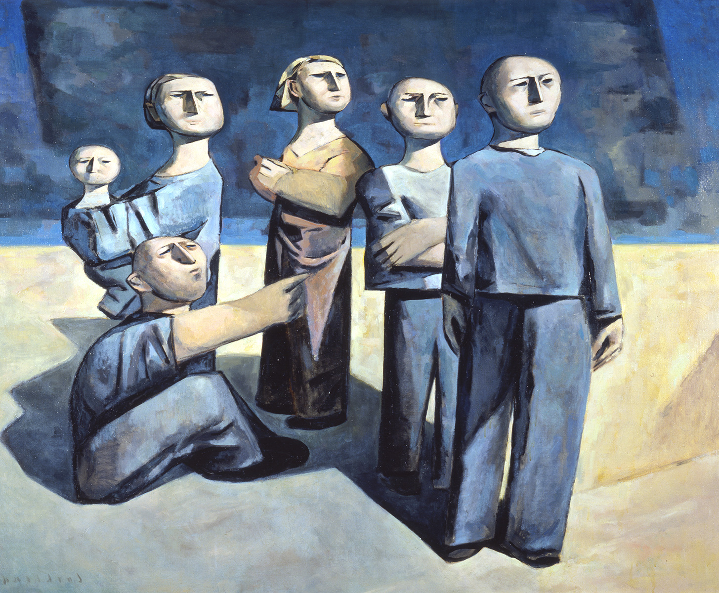 Painting of several figures, short and blocky with no hair, looking up and to the right. All but one are wearing plain blue shirts and pants, with serious looks on their identical faces.