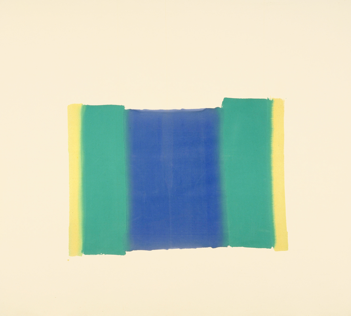 Painting on a beige background of a thick blue vertical stripe bordered on the left and right by thinner green stripes and even thinner yellow stripes.