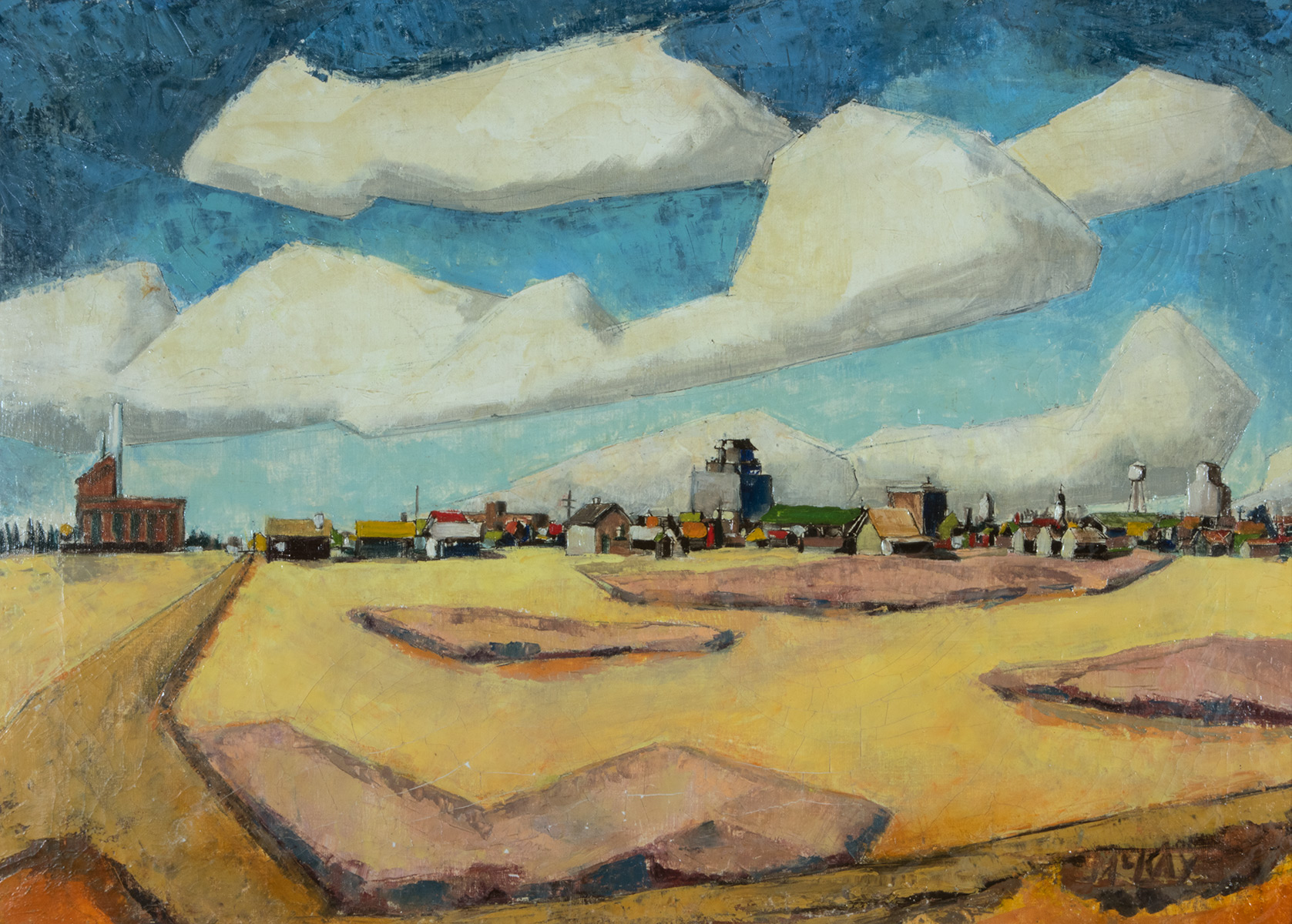 Painting of a prairie landscape with yellow ground and blue sky. Small buildings stand on the horizon and all shapes in the piece, including clouds, are blocky with straight edges.