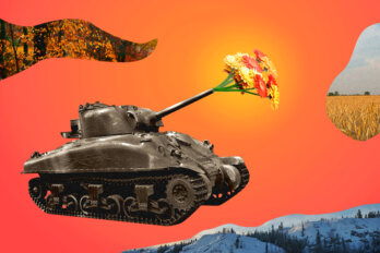 Illustration of an army tank against a bright orange background. Instead of a firearm, the tank is shooting flowers.