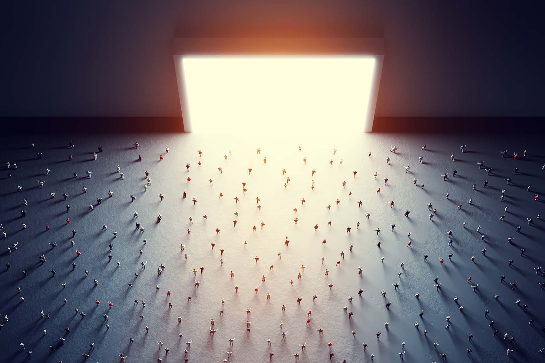 In a 3D illustration, a scattered group of people walk toward a large glowing gate that looks like a large computer screen