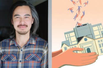 A photo of Nicholas Hune-Brown on the left side of the image. On the right side of the image is an illustration by Cornelia Li of hands holding a piggy bank that looks like a building, and instead of coins going into it, it is an image of students going into it.