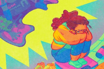 An illustration of a girl huddled and sad on a scale while a silhouette of a person made up of exercise and weight-loss paraphernalia yells at her