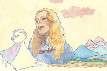An illustration of Joni Mitchell between mountains and sea, inspired by the album artwork of “Court and Spark.”