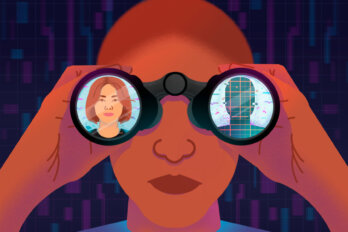 An illustration of a person looking through binoculars. On the left lens is a reflection of a human, and on the right lens is a reflection of an AI-generated humanoid.