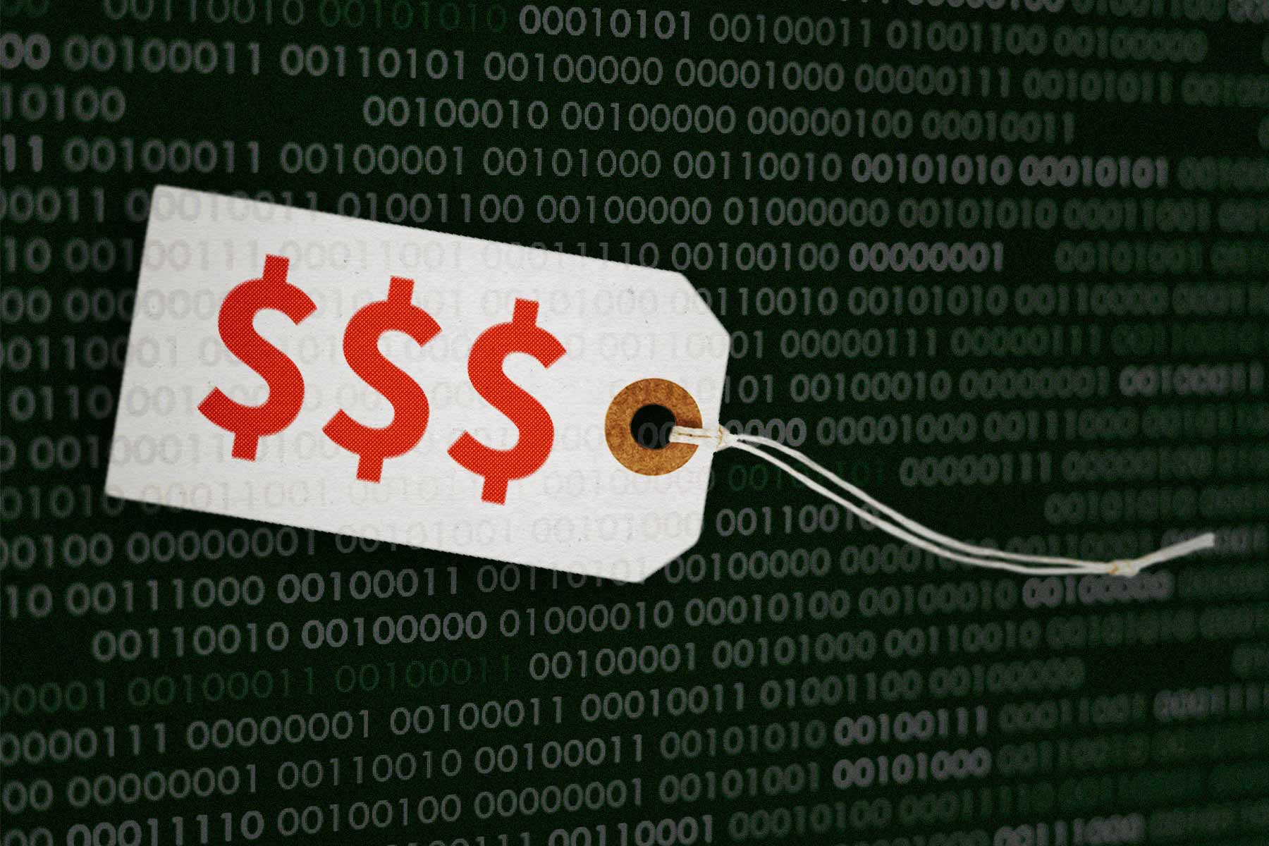 A photo illustration of a price tag with binary code in the background.