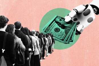 A photo illustration of a giant robot hand giving cash to a lineup of people.