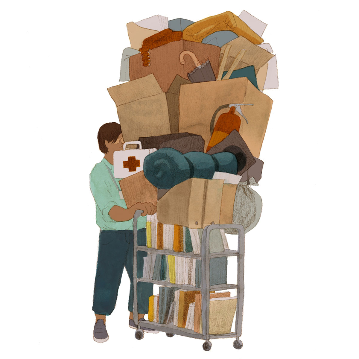 An illustration of a library worker pushing a cart filled with books and topped with a towering pile of boxes filled with miscellaneous things like a first aid kit and a sleeping bag.