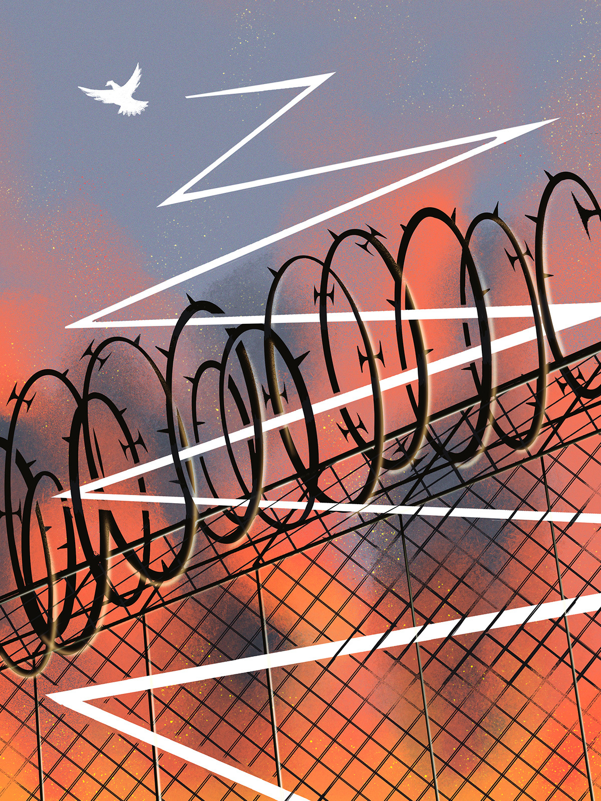 A white dove zig zags through a chain-link and barb-wire fence to an open sky
