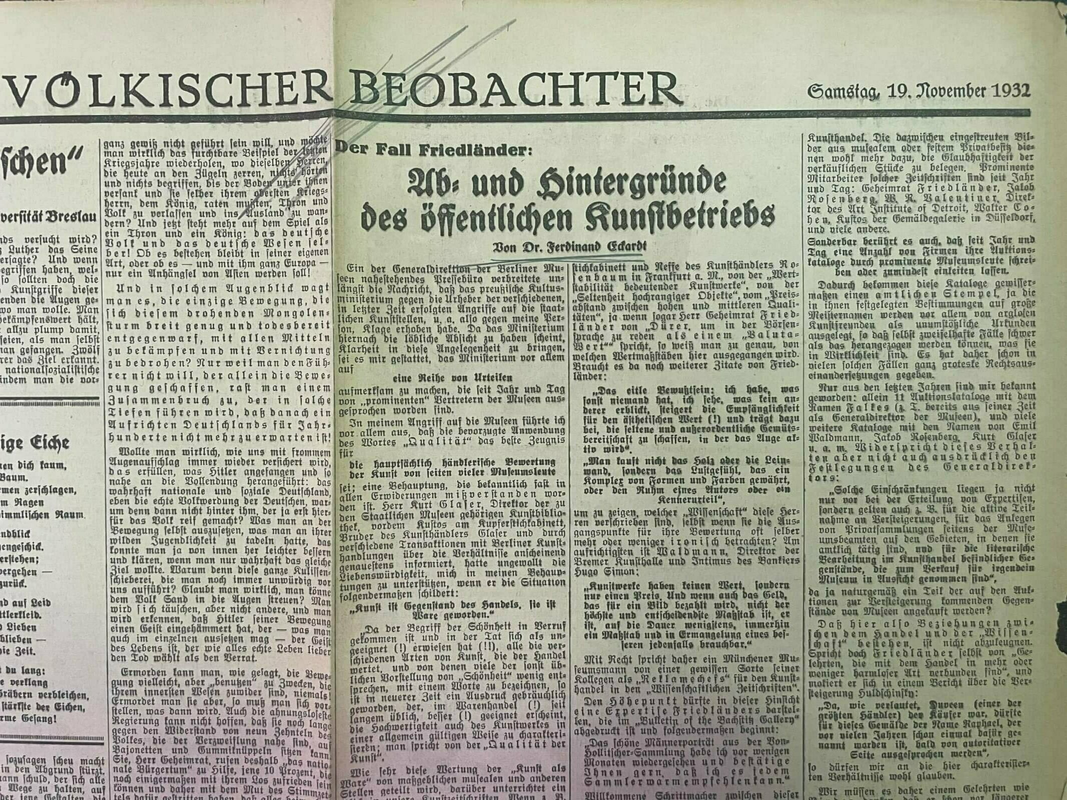 Eckhardt’s copy of his Volkischer Beobachter (Nazi newspaper) article, which he admits to submitting to the newspaper.