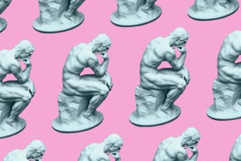 A photo illustration of multiple duplicates of The Thinker statue.