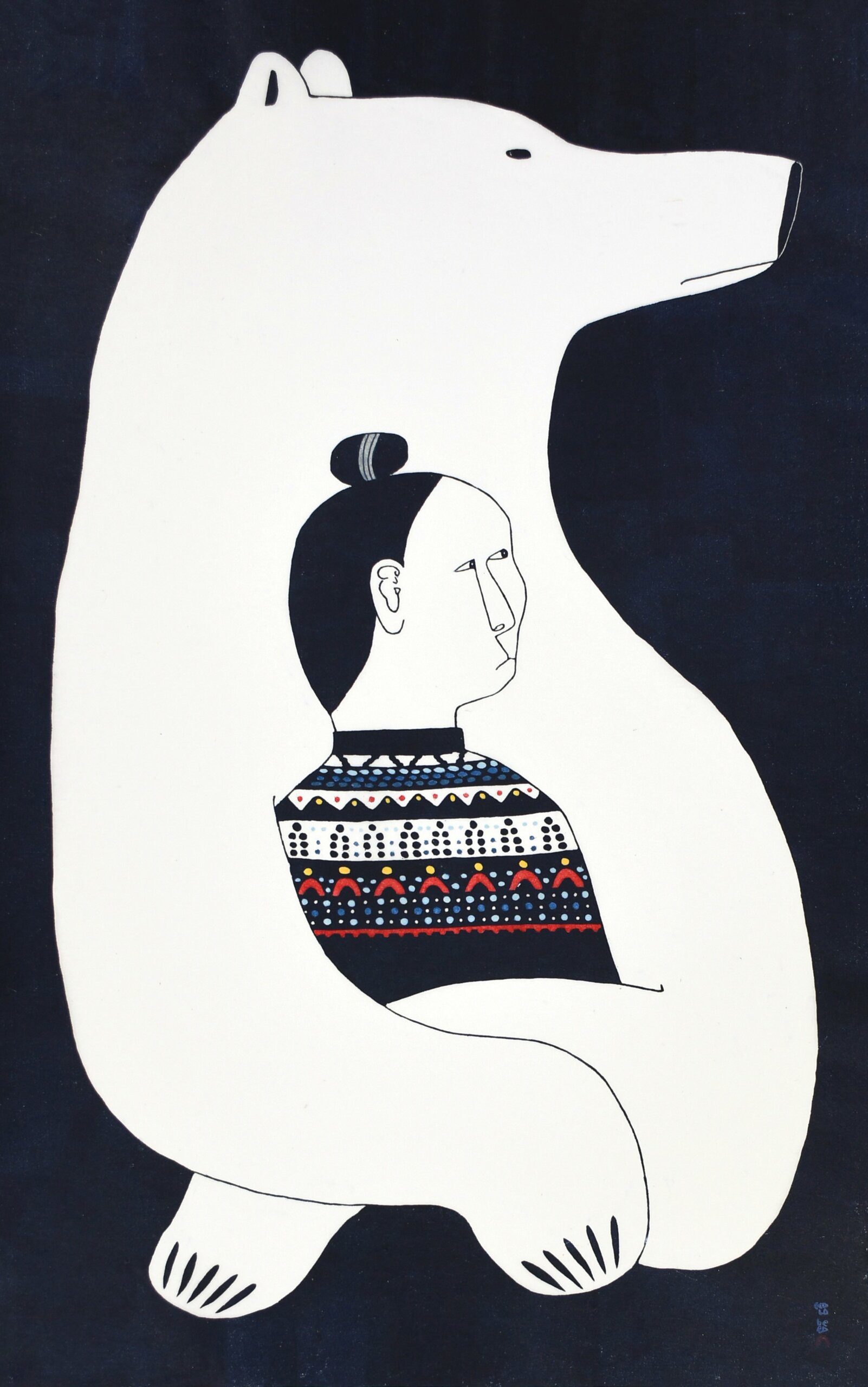 An illustration featuring a polar bear, its paws protectively around a woman with black hair.