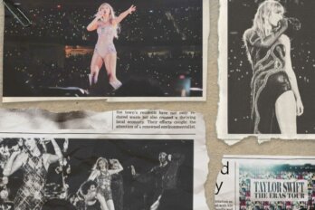 A photo illustration of a portfolio filled with newspaper clippings from stories about Taylor Swift.