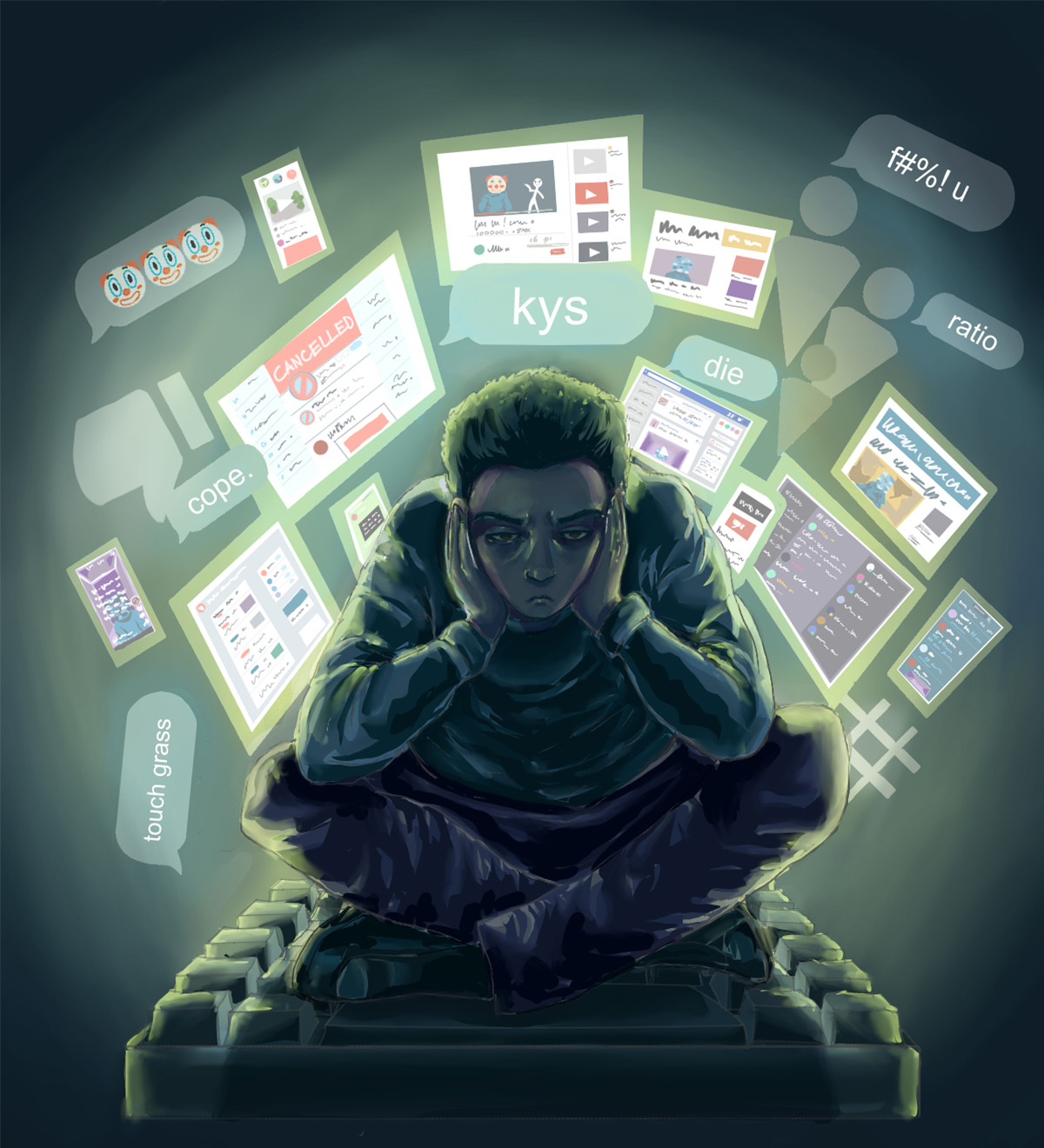 A cross-legged teenager covers his ears looking tired, and is backlit by floating screens and text bubbles mocking him.