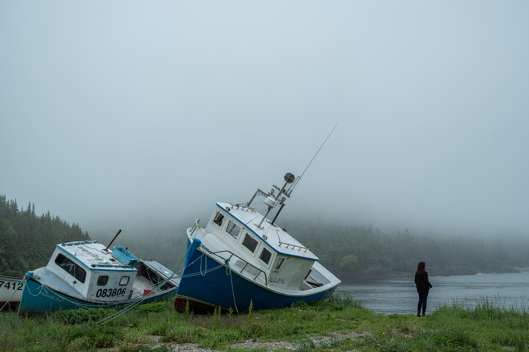Photo of an anonymous woman, Jane Doe, facing away from the camera. She is standing on the edge of a body of water with beached fishing boats on the land beside her. The sky is grey and mist obscures trees along the coast.