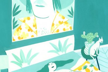 An illustration of a woman laying in bed looking at a poster