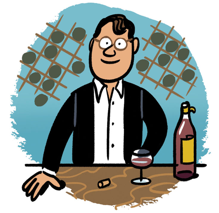 An illustration of Jacques-Olivier Pesme, a man in a white button-up and dark jacket and glasses, with an open bottle and a glass of red wine in front of him on a table.