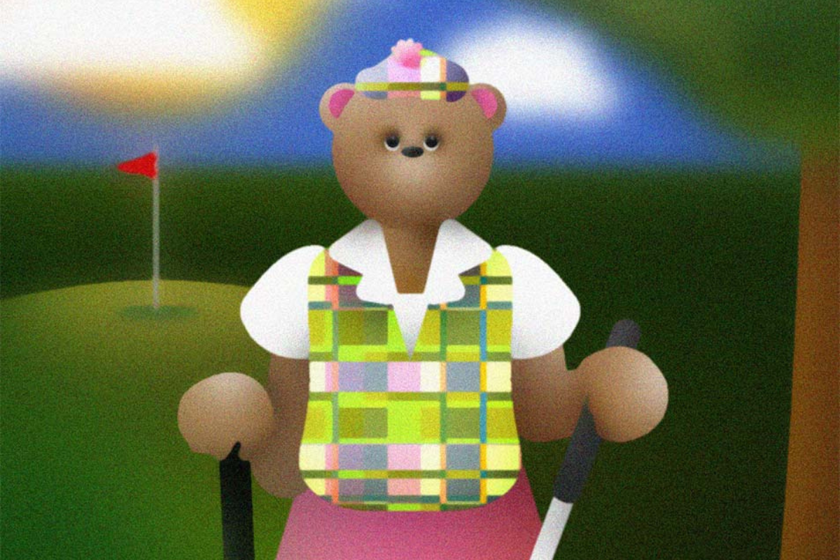 A cartoon bear dressed in plaid clothing stands outside on a golf course. She is holding a golf club in one hand and a white cane in the other. At her feet are a golf ball on a tee and a pink worm looking up curiously.