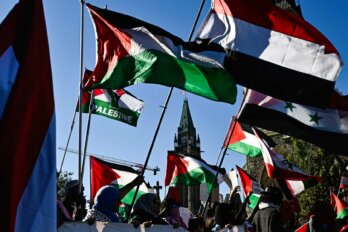 The flags of Palestine and other Arab states are waved in front of a blue sky and the House of Commons in Ottawa