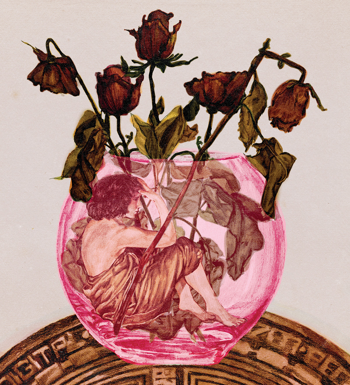 An illustration of a barely dressed woman, draped only in a sheet, sits distraught in a pink glass vase filled with dead and wilted roses.