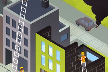 A series of construction workers building a high-rise as the building and a nearby car emit large clouds of black smoke