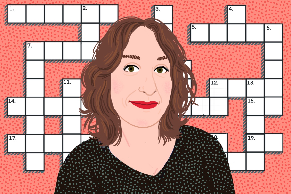 An illustration of Emma Lawson in front of a crossword.