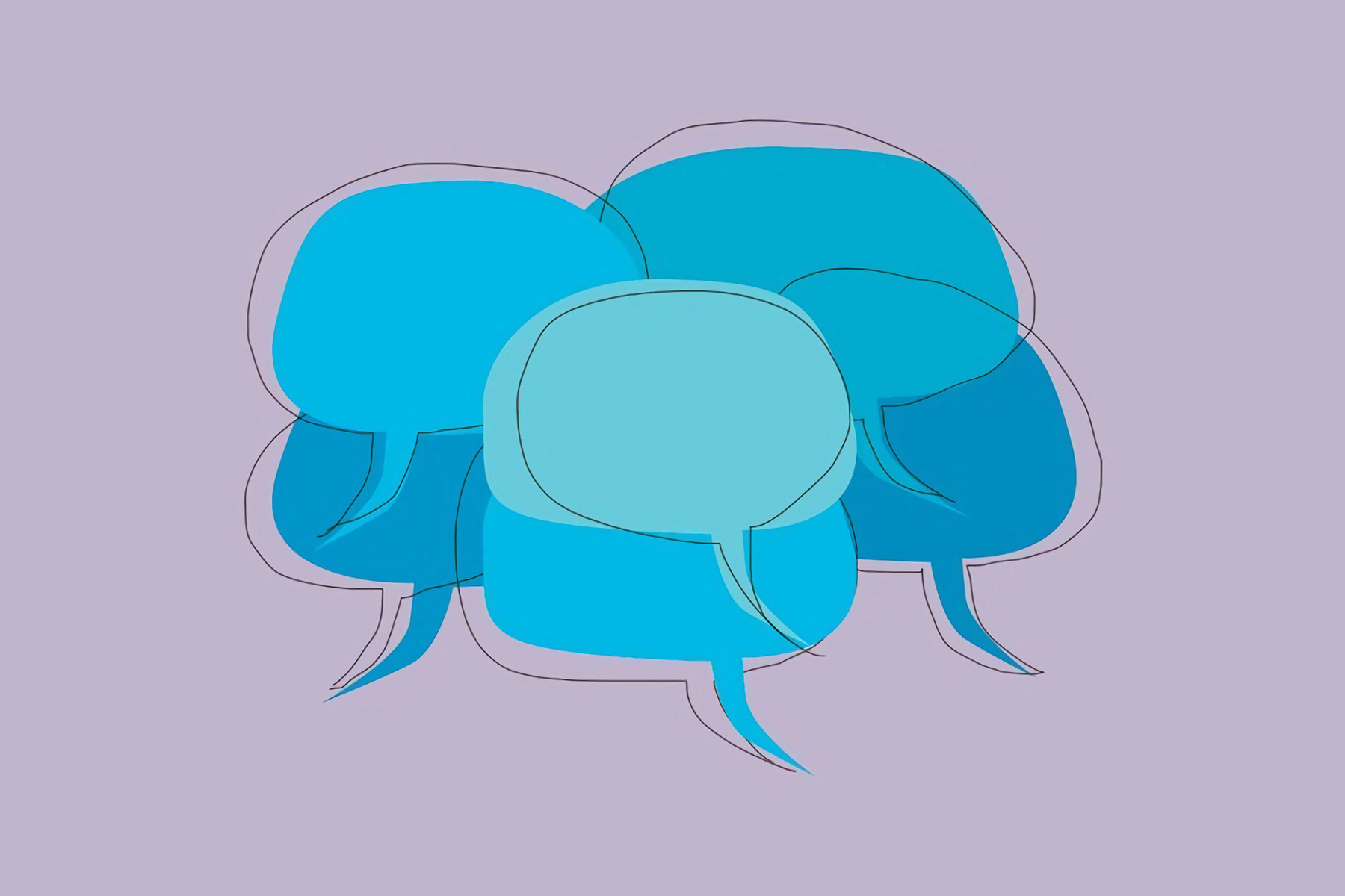 An illustration of a bunch of blue speech bubbles on a violet background.