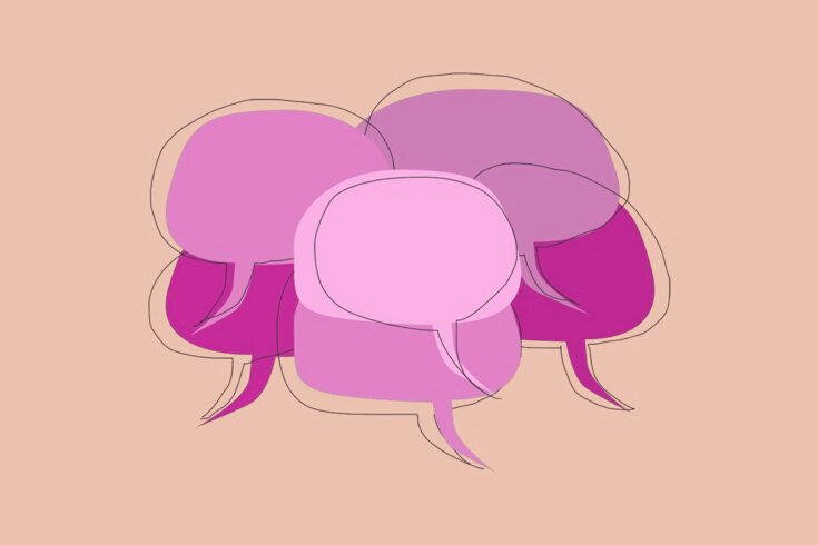 An illustration of a collage of speech bubbles in shades of pink against a peach background