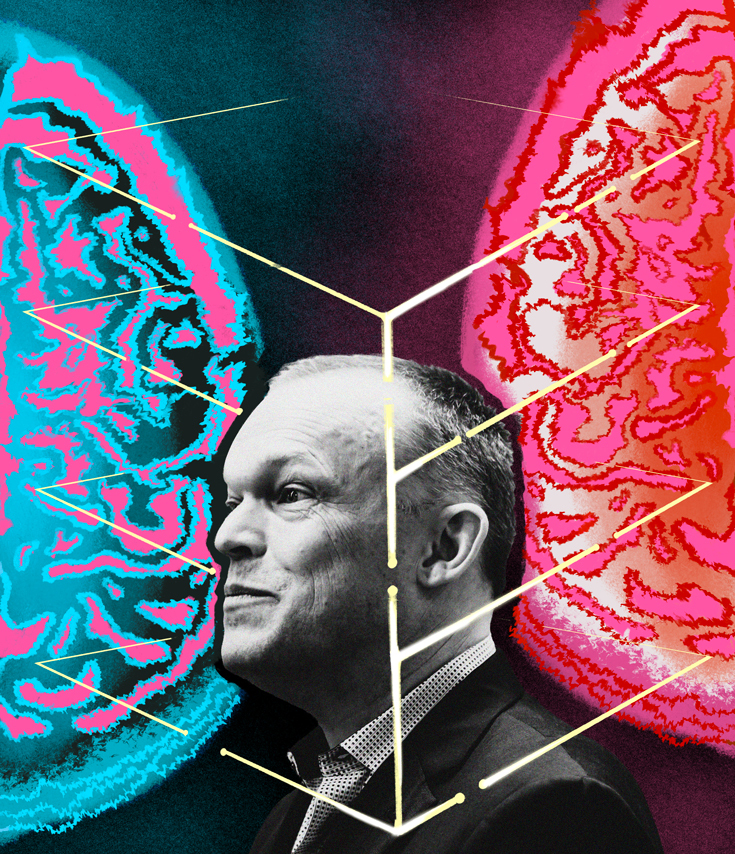 A grayscale image of neuroscientist Sean Hill superimposed atop neon blue and neon pink illustration of the human brain