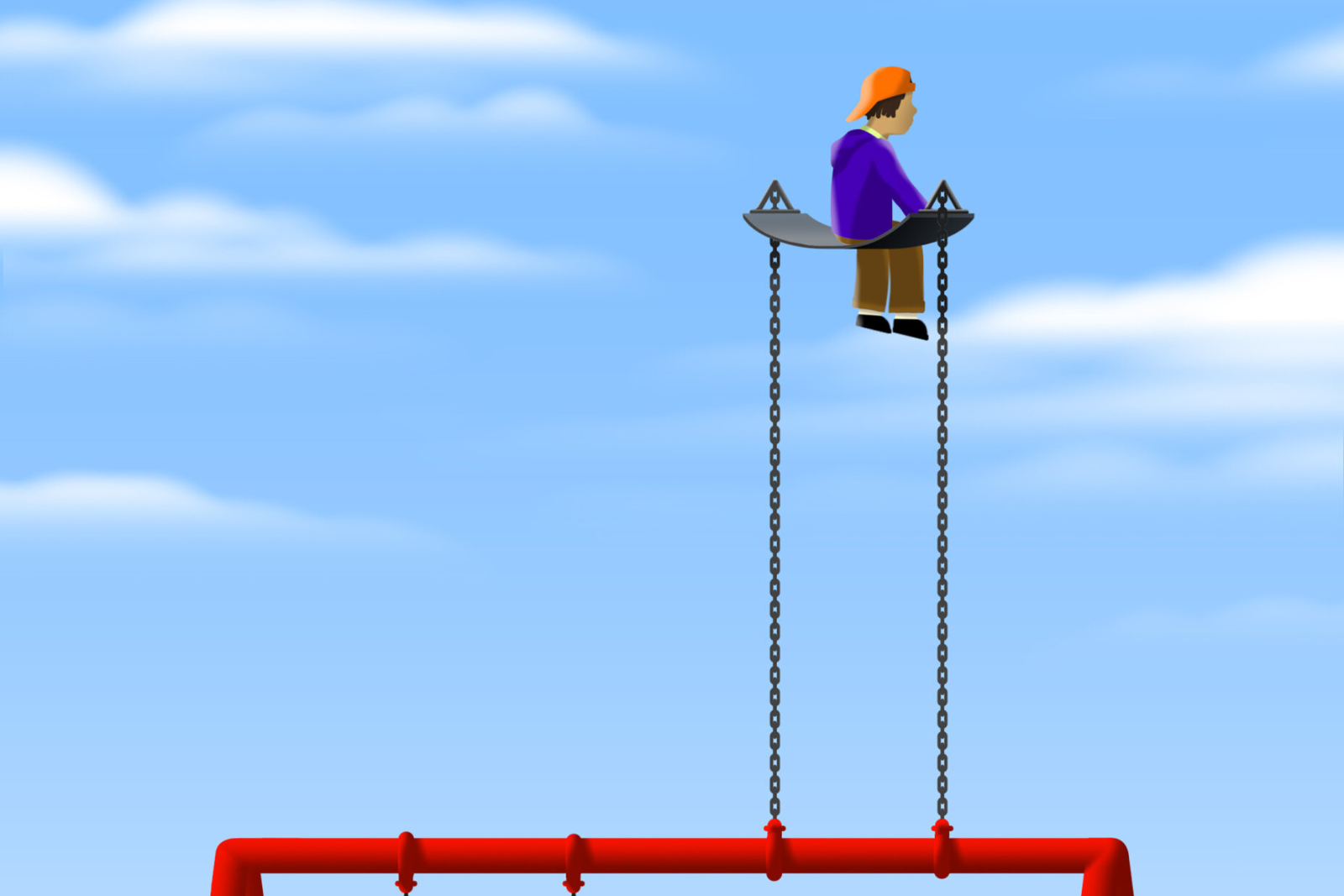 Illustration of a parent and child on a swingset. The parent's swing is under the swingset, while the child is sitting on a swing above the structure.