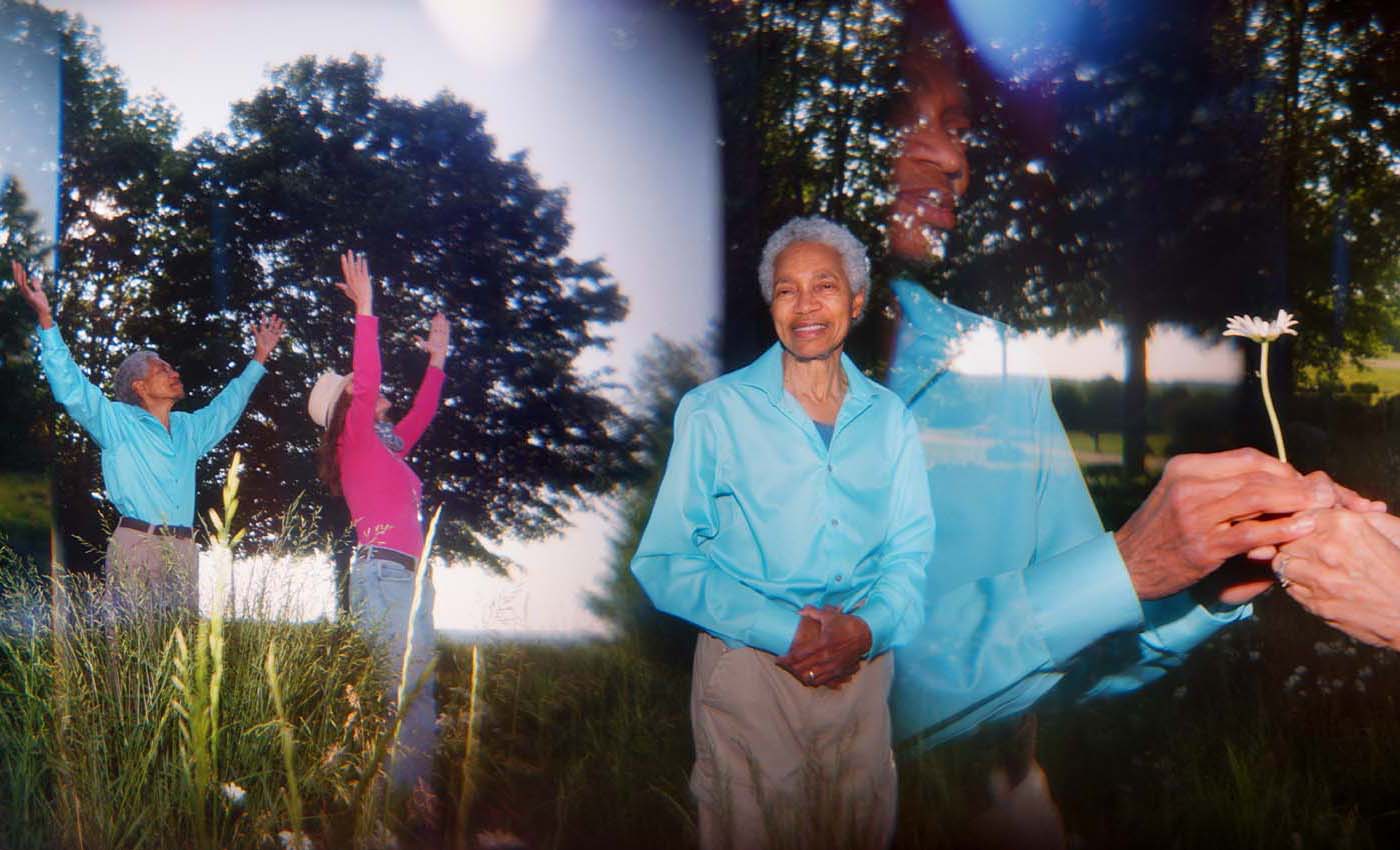 Three photos of Beverly Glenn-Copeland pictured nearby his home with his wife blended together to create one image.
